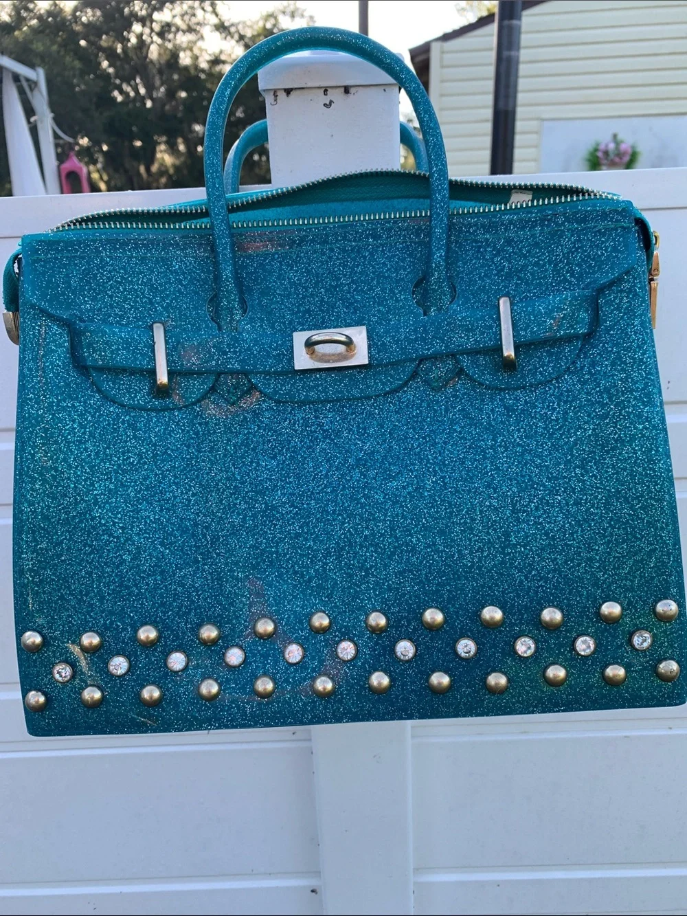 Glitter Teal Satchel with Gold Stud Accents jelly